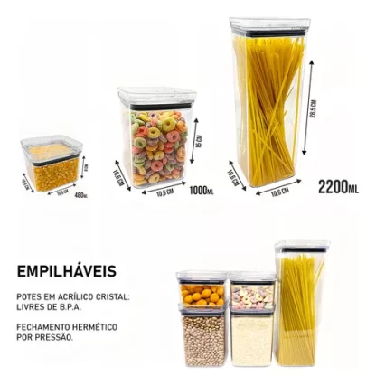 Kit 12 Potes Porta Mantimento Hermético Quadrado Cozinha em ACRILICO e Empilháveis - Imagem 3