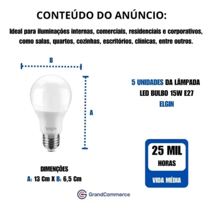 Kit 05 Lâmpadas Bulbo Led Elgin A60 15w 6500k Branco Cor da luz - Imagem 3