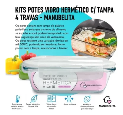 Kit 10 Potes Vidro 640ml Hermético Marmita Forno - Imagem 2